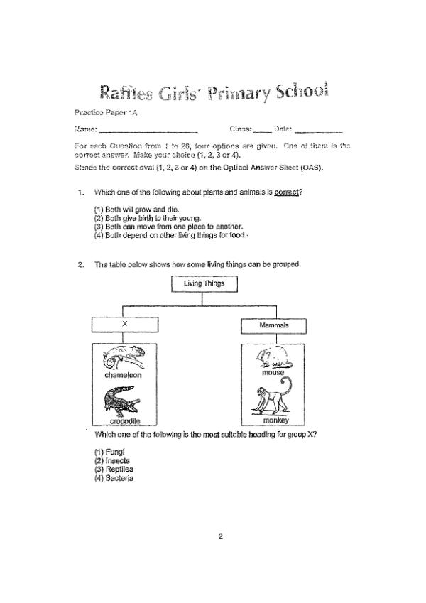 Raffles Girls P4 Sci WA2 2022 exam paper PDF first page preview