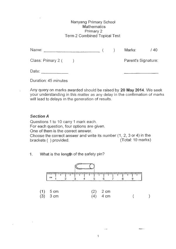 First page preview of P2 Math 2014 WA2 — Nanyang