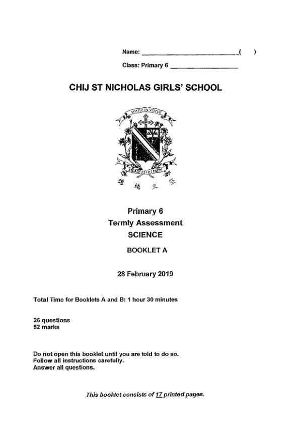 CHIJ P6 Sci WA1 2019 exam paper PDF first page preview