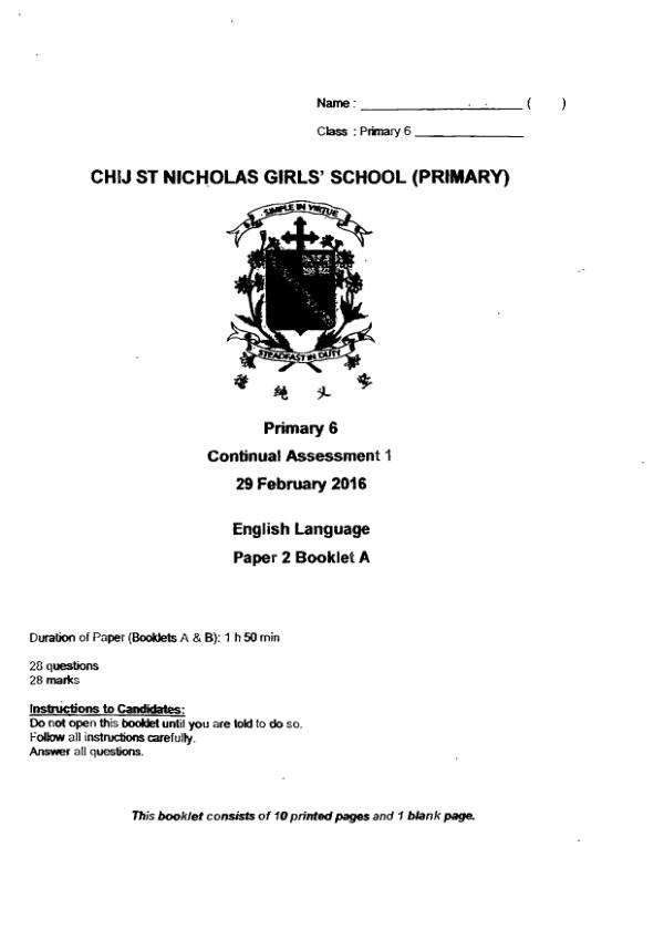 CHIJ P6 Eng WA1 2016 exam paper PDF preview