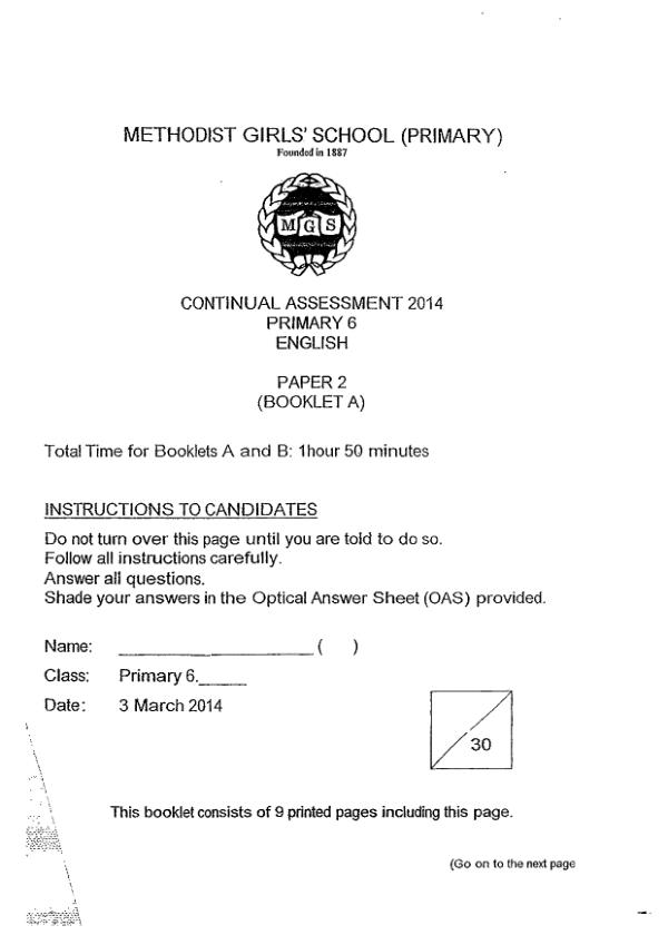 Methodist Girls P6 Eng WA1 2014 exam paper PDF preview