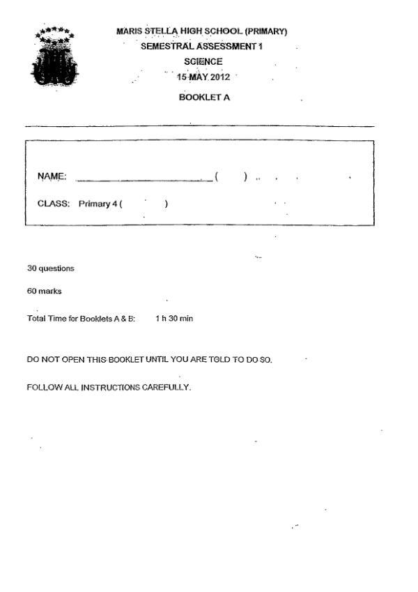 Maris Stella High P4 Sci WA2 2012 exam paper PDF first page preview