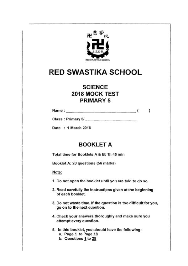Red Swastika P5 Sci WA1 2018 exam paper PDF preview