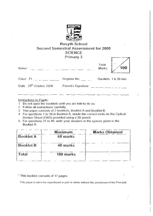 Rosyth P3 Sci SA2 2008 exam paper PDF first page preview
