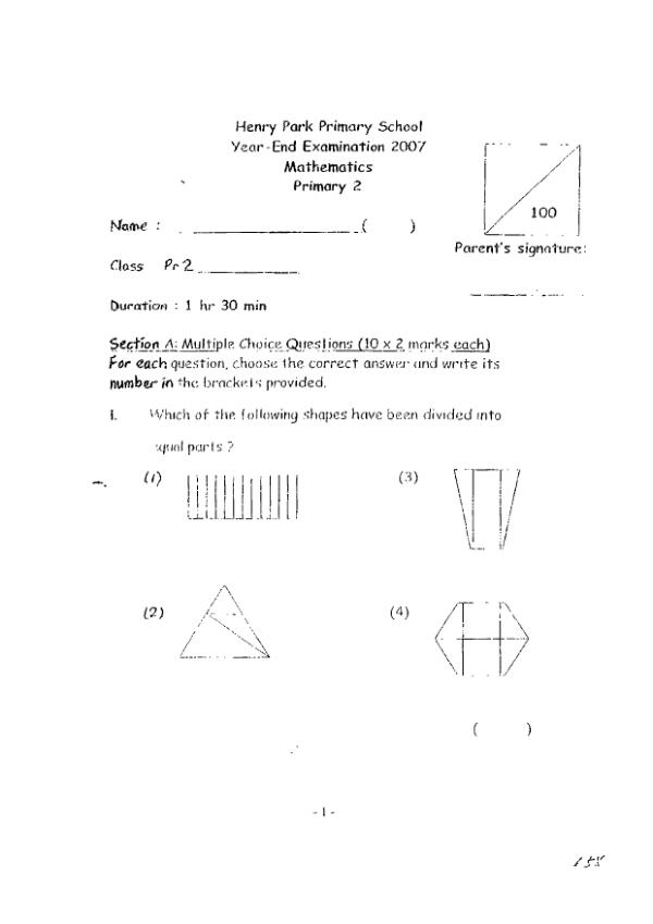 Henry Park P2 Math SA2 2007 exam paper PDF preview
