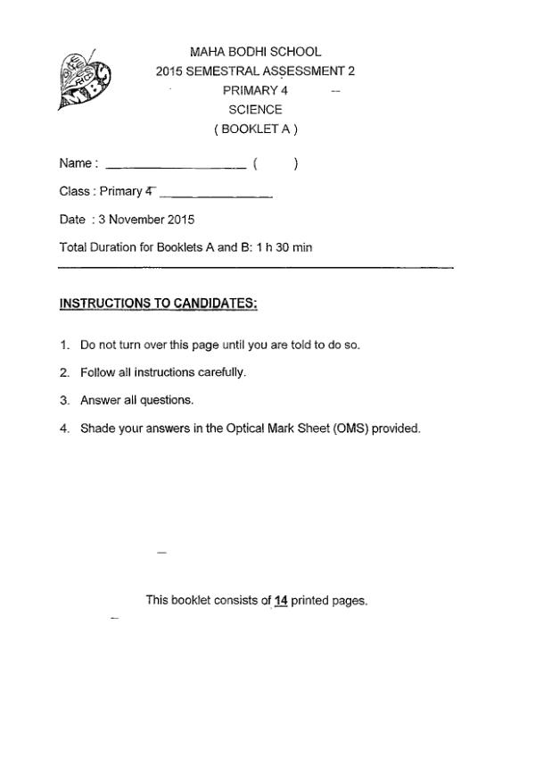 Maha Bodhi P4 Sci SA2 2015 exam paper PDF first page preview