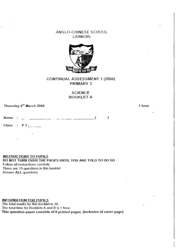 Anglo Chinese P3 Sci WA1 2008 exam paper PDF first page preview