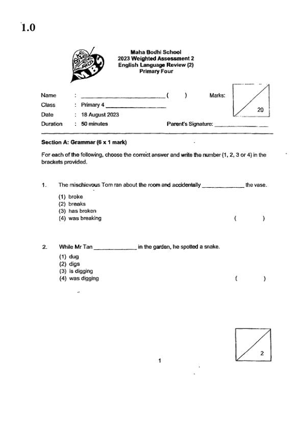 Maha Bodhi P4 Eng WA2 2023 exam paper PDF first page preview