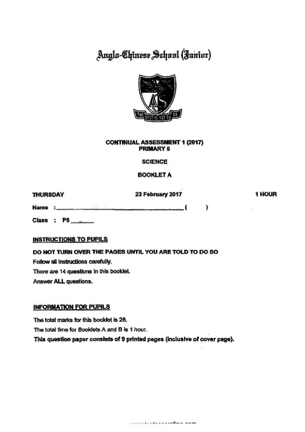 Anglo Chinese P5 Sci WA1 2017 exam paper PDF preview
