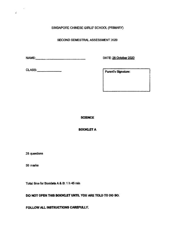Singapore Chinese Girls P4 Sci SA2 2020 exam paper PDF preview