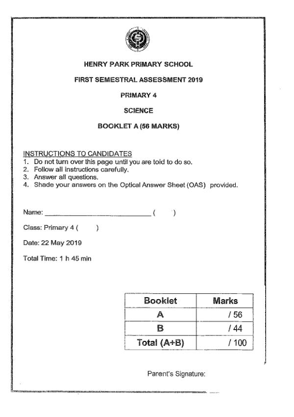 Henry Park P4 Sci WA2 2019 exam paper PDF first page preview