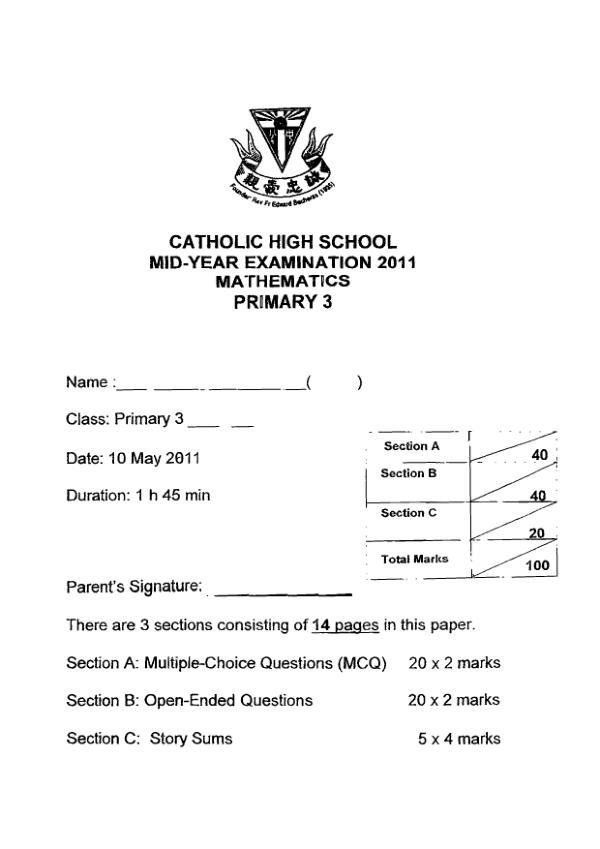 Catholic High P3 Math WA2 2011 exam paper PDF preview