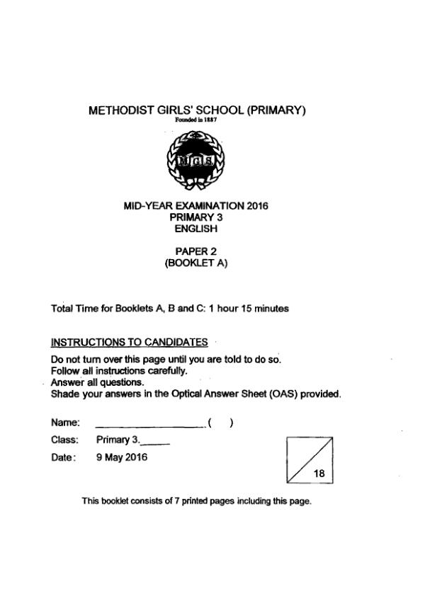 Methodist Girls P3 Eng WA2 2016 exam paper PDF first page preview