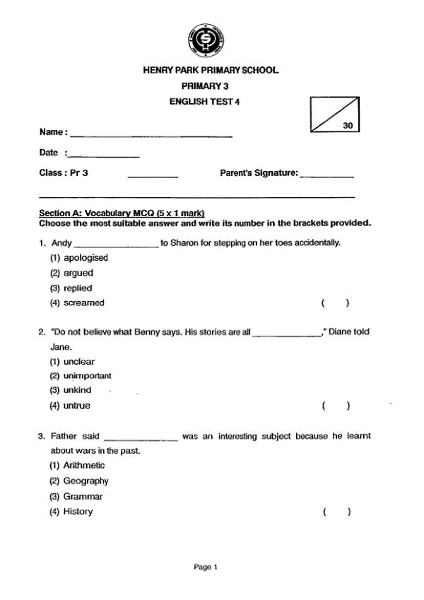 Henry Park P3 Eng WA3 2013 exam paper PDF preview