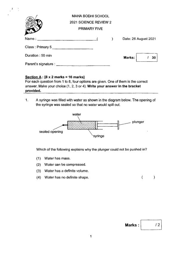 Maha Bodhi P5 Sci WA3 2021 exam paper PDF first page preview
