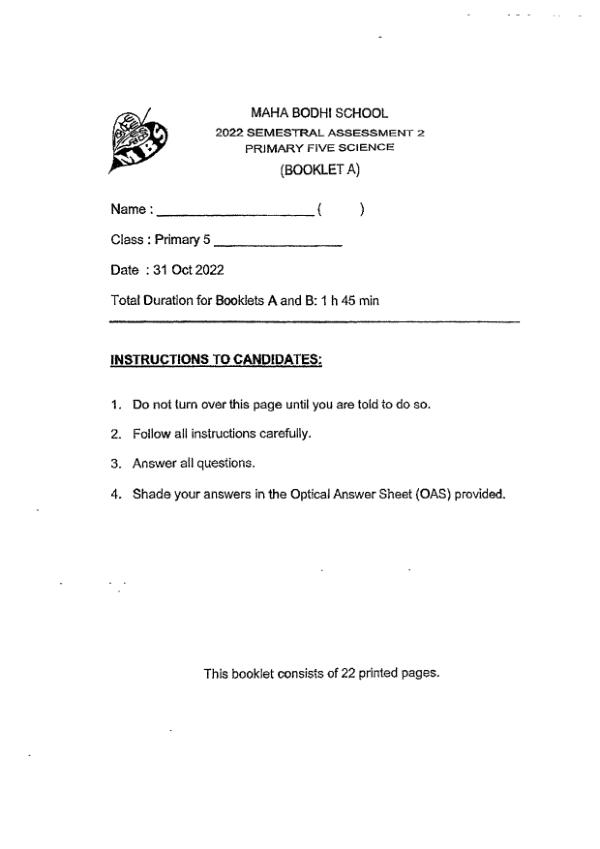 Maha Bodhi P5 Sci SA2 2022 exam paper PDF first page preview