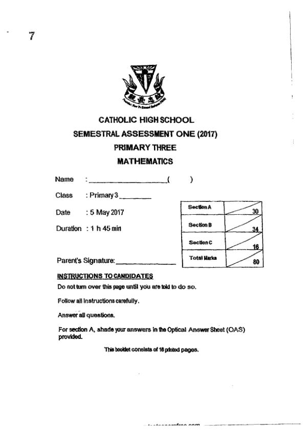 First page preview of P3 Math 2017 WA2 — Catholic High