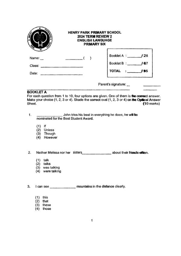 First page preview of P6 Eng 2024 WA2 — Henry Park