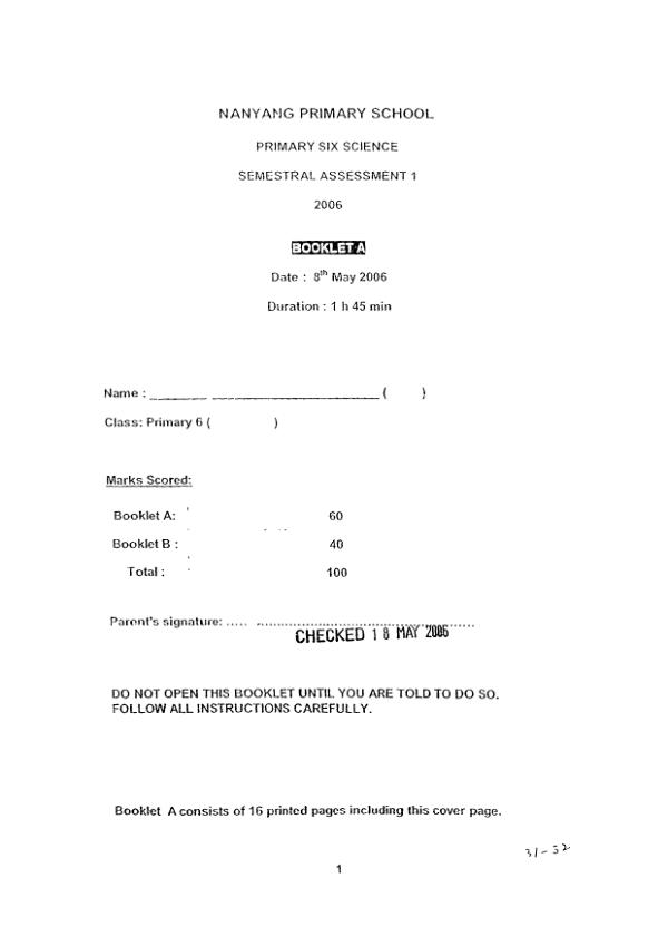 Nanyang P6 Sci WA2 2006 exam paper PDF preview