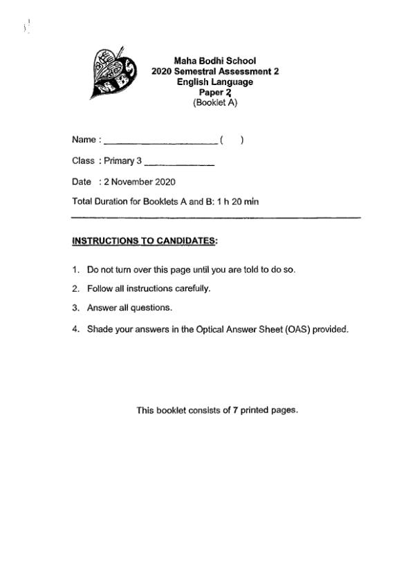 Maha Bodhi P3 Eng SA2 2020 exam paper PDF first page preview