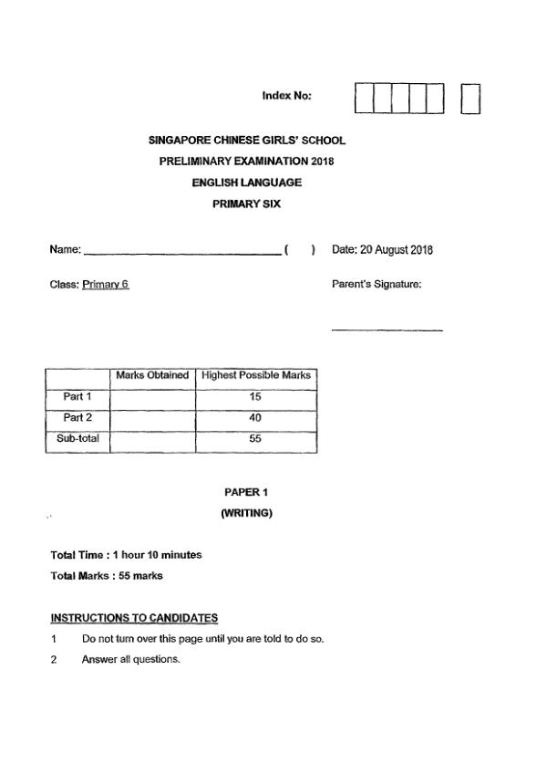 Singapore Chinese Girls P6 Eng SA2 2018 exam paper PDF first page preview