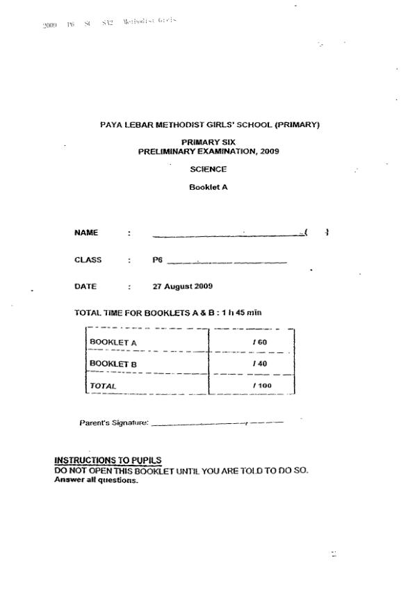 Methodist Girls P6 Sci SA2 2009 exam paper PDF preview
