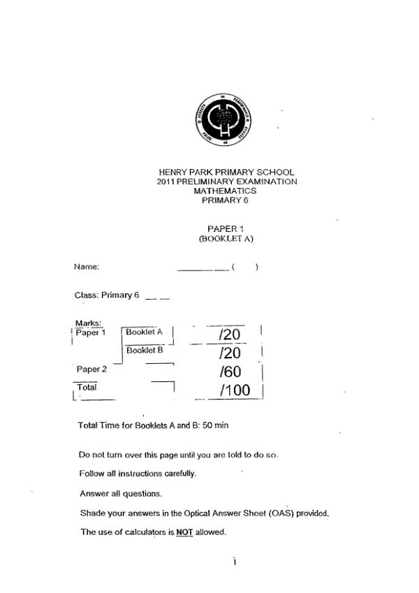 Henry Park P6 Math SA2 2011 exam paper PDF preview
