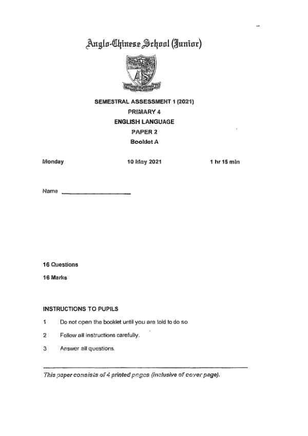 Anglo Chinese P4 Eng WA2 2021 exam paper PDF first page preview