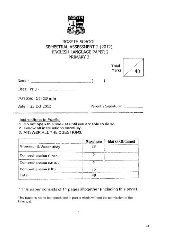 Rosyth P3 Eng SA2 2012 exam paper PDF preview