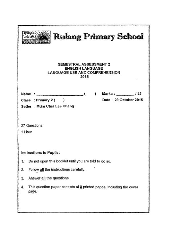 Rulang P2 Eng SA2 2015 exam paper PDF preview