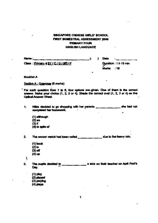 Singapore Chinese Girls P4 Eng WA2 2008 exam paper PDF first page preview
