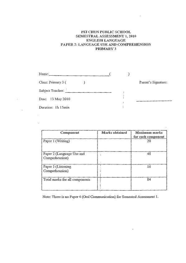 Pei Chun P3 Eng WA2 2010 exam paper PDF first page preview