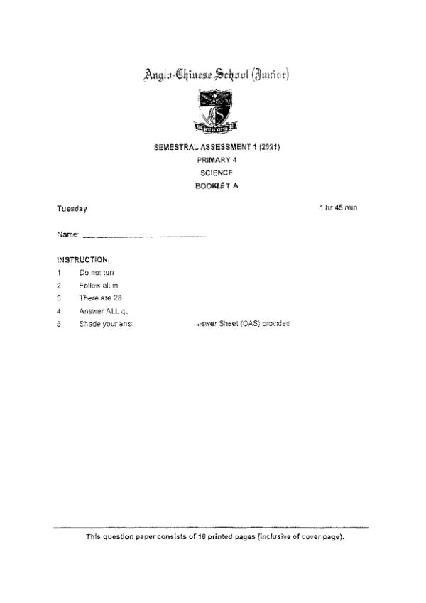 Anglo Chinese P4 Sci WA2 2021 exam paper PDF preview