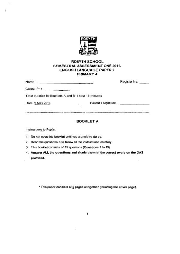 Rosyth P4 Eng WA2 2016 exam paper PDF first page preview