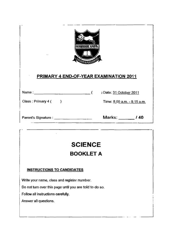 Tao Nan P4 Sci SA2 2011 exam paper PDF first page preview