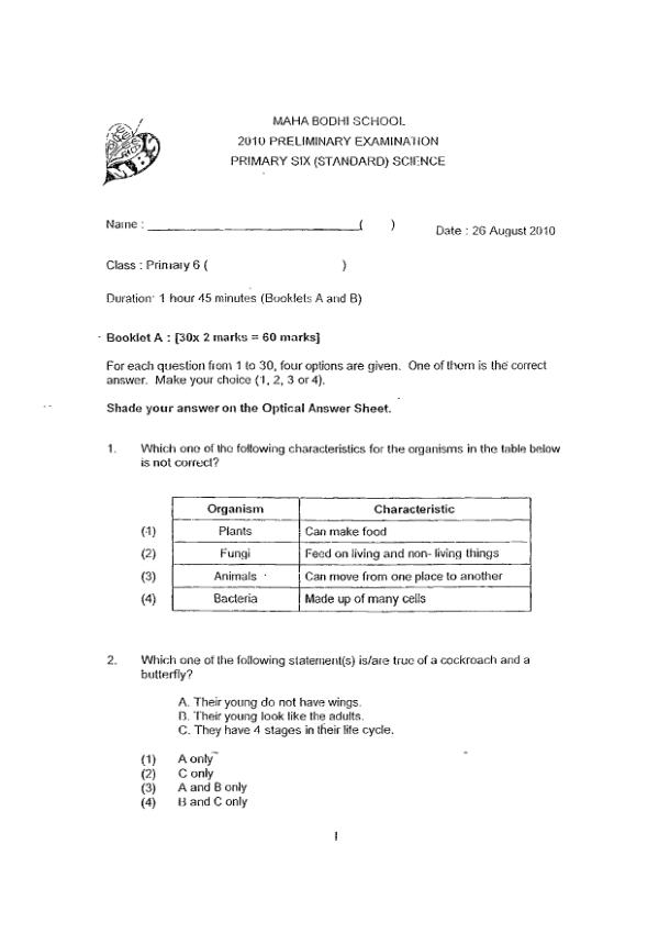 Maha Bodhi P6 Sci SA2 2010 exam paper PDF preview
