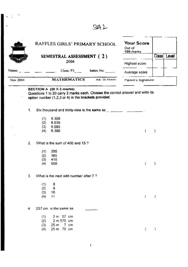 Raffles Girls P3 Math SA2 2004 exam paper PDF first page preview
