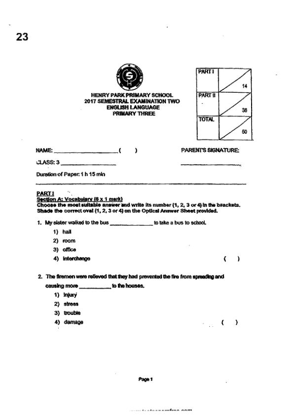 Henry Park P3 Eng SA2 2017 exam paper PDF first page preview