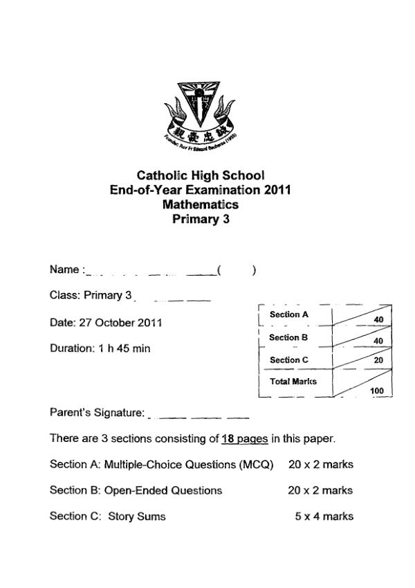 Catholic High P3 Math SA2 2011 exam paper PDF preview