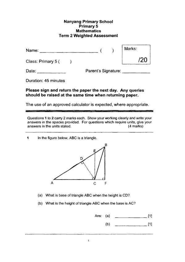 First page preview of P5 Math 2021 WA2 — Nanyang