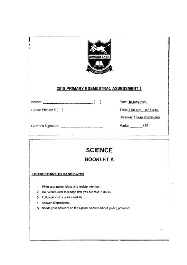 Tao Nan P6 Sci WA2 2018 exam paper PDF preview