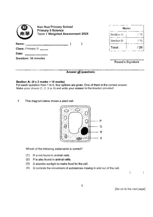 First page preview of P5 Sci 2024 WA1 — Nan Hua