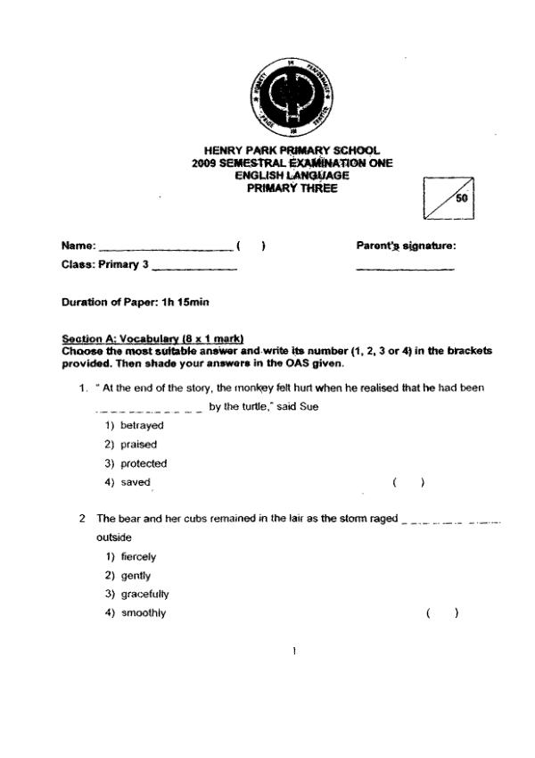 Henry Park P3 Eng WA2 2009 exam paper PDF first page preview