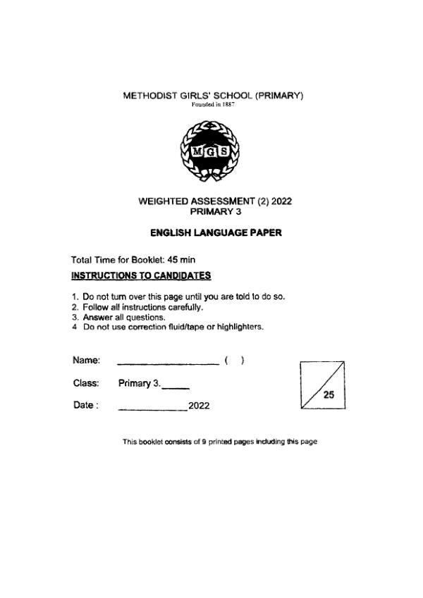 Methodist Girls P3 Eng WA3 2022 exam paper PDF first page preview