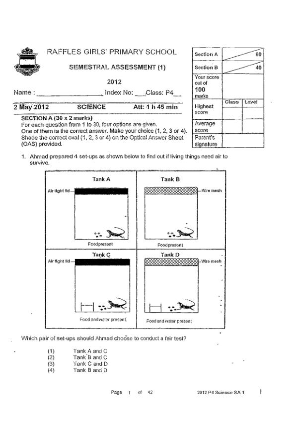 Raffles Girls P4 Sci WA2 2012 exam paper PDF preview
