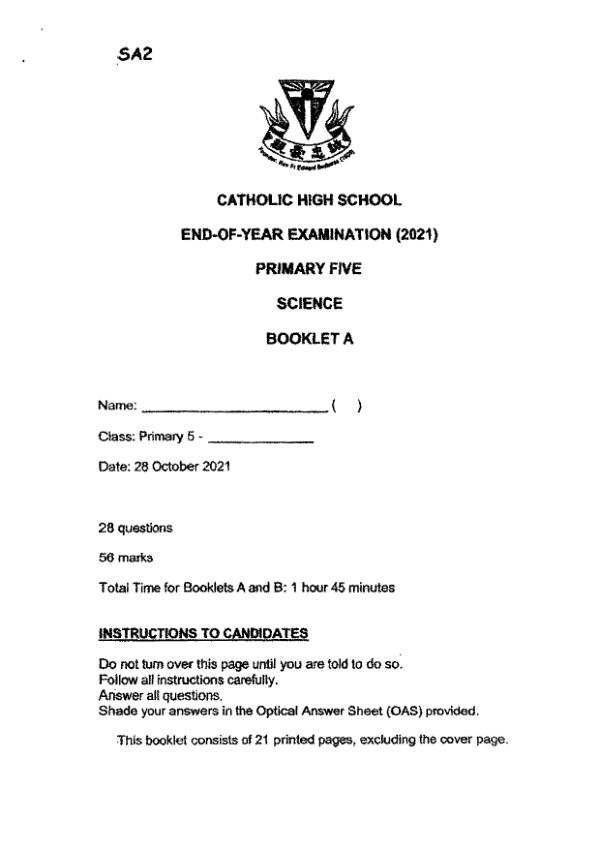 Catholic High P5 Sci SA2 2021 exam paper PDF first page preview