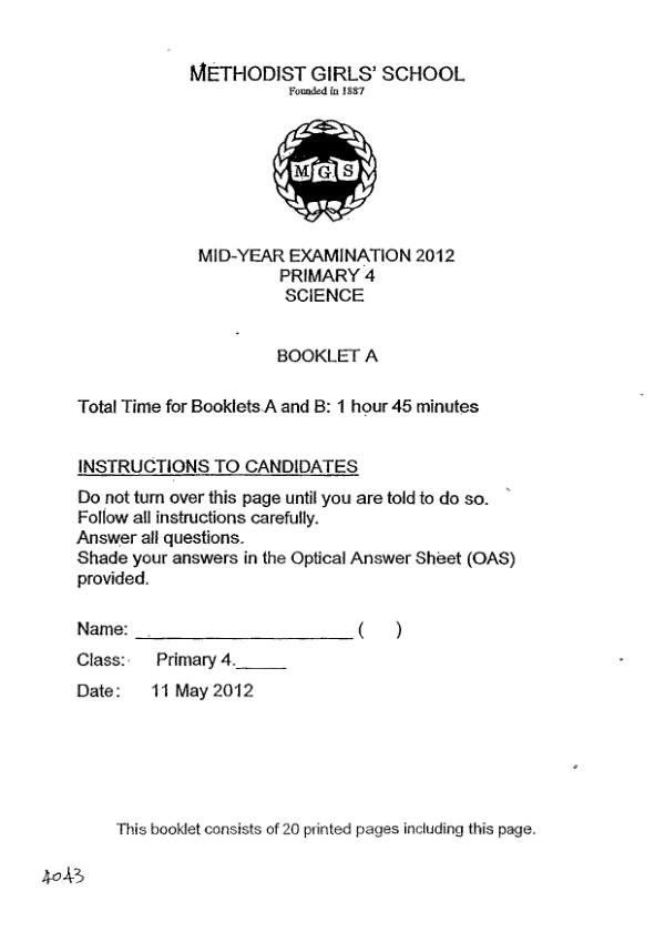 Methodist Girls P4 Sci WA2 2012 exam paper PDF first page preview