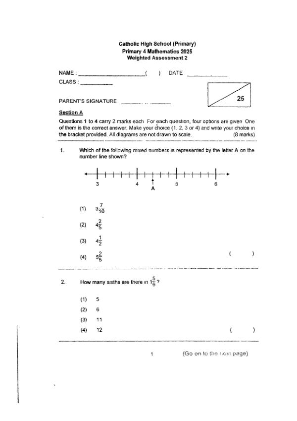 First page preview of P4 Math 2025 WA2 — Catholic High