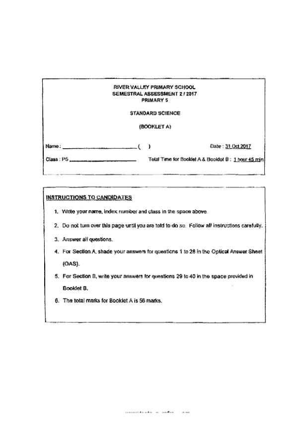 River Valley P5 Sci SA2 2017 exam paper PDF preview