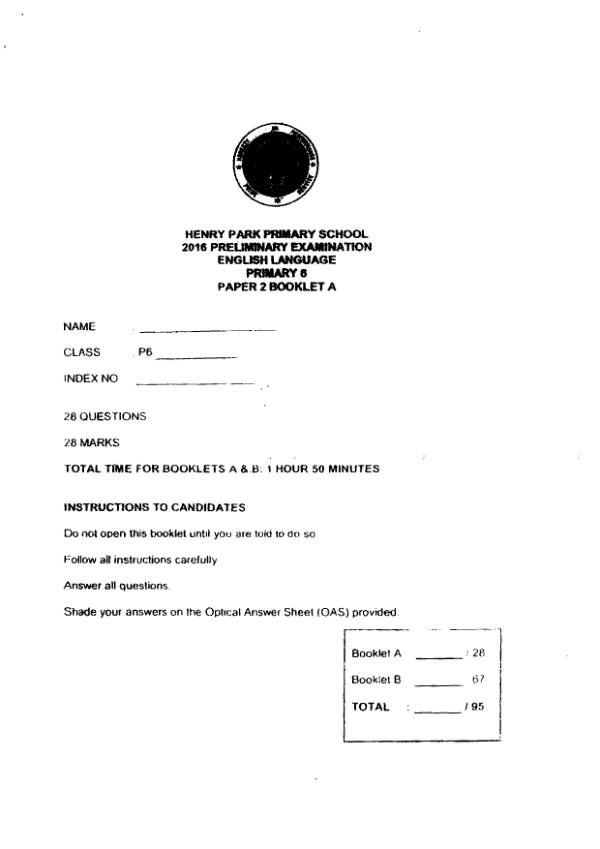 Henry Park P6 Eng SA2 2016 exam paper PDF first page preview